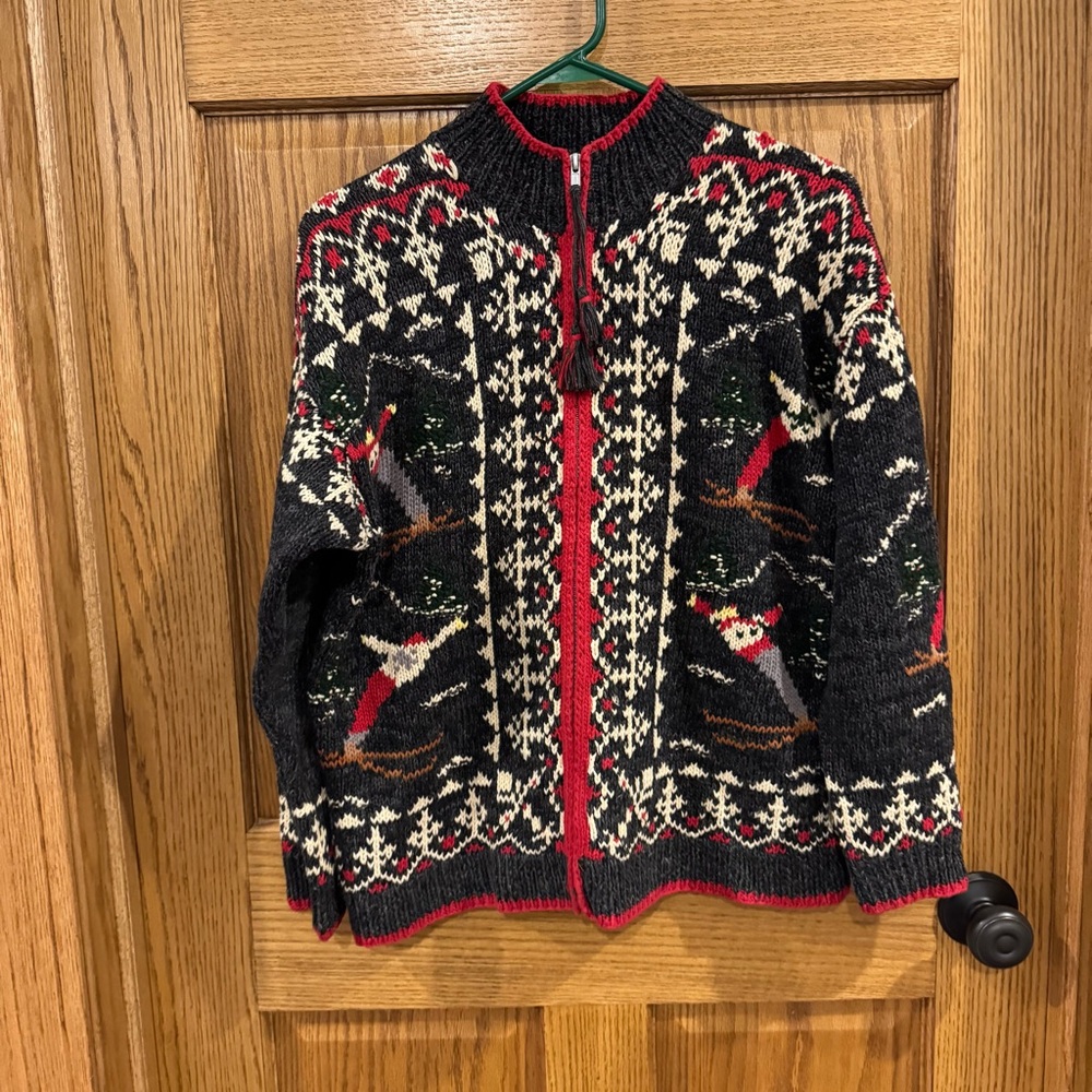 River Art Nordic Ski Sweater Cardigan Fair Isle Zip Wool Blend Large